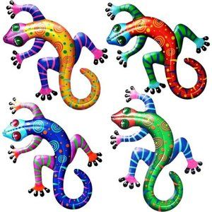 Metal Lizard Wall Decor Colorful - 6" x 8" Outdoor Garden Lawn Wall Art (4 Pack)